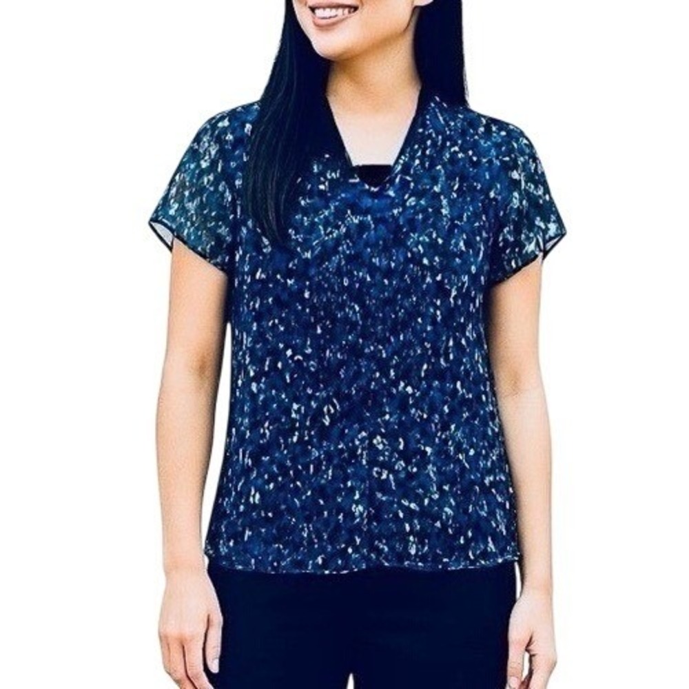 Dana Buchman Blue/Black/White Short Sleeve Button Down Blouse Top Shirt